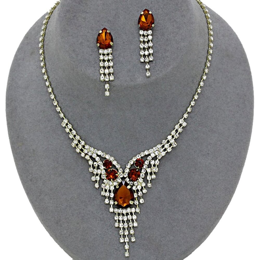 Brown Gold Crystal Rhinestone Necklace Set Teardrop Prom Wedding Formal